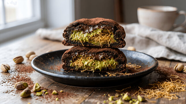 The viral dubai chewy cookie ( kunafa / knafeh inside with pistachio paste sauce ) korean dessert,  (known in Korea as dujjonku) 