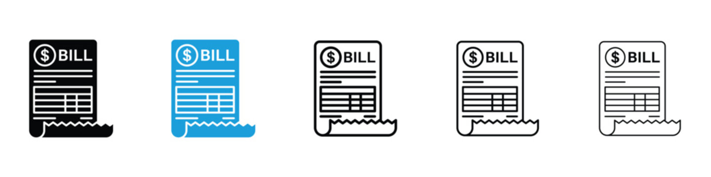 Bill icons vector illustrations in black and blue colors for web and ui designs