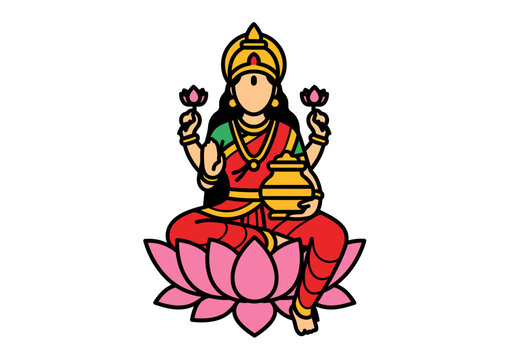 Dewi Lakshmi Seated on Lotus Holding Pot and Flowers