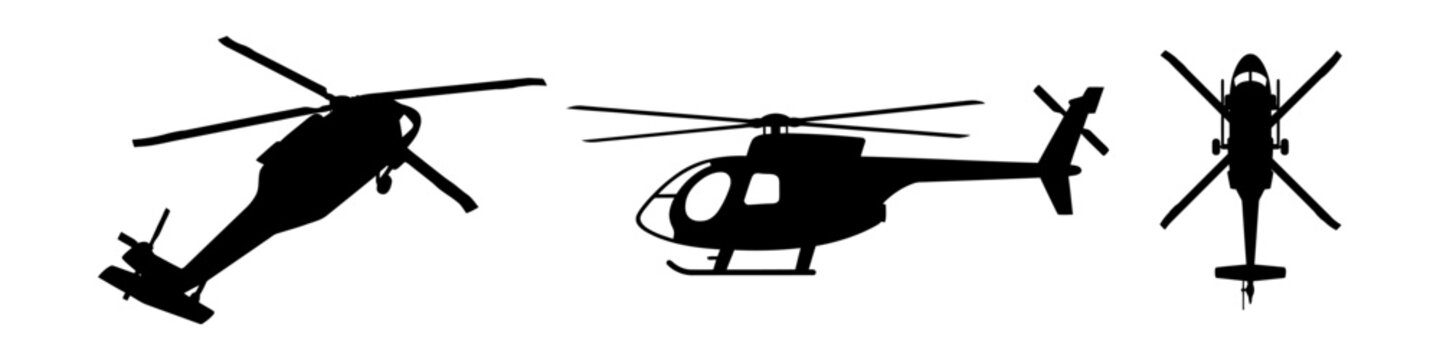 Silhouettes of modern helicopters in different flight angles including side view and top view and perspective for emergency service and rescue design.