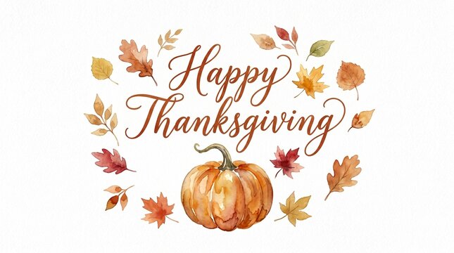 Happy Thanksgiving greeting card template with watercolor pumpkin and autumn foliage. Watercolor autumn fall harvest background with orange pumpkin and colorful maple leaves