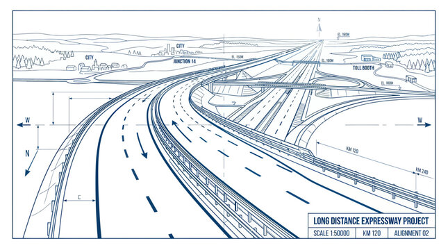 Technical drawing of a multi-lane highway and road interchange project