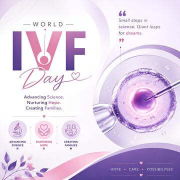 World ivf day informational poster featuring laboratory microscopic fertilization process