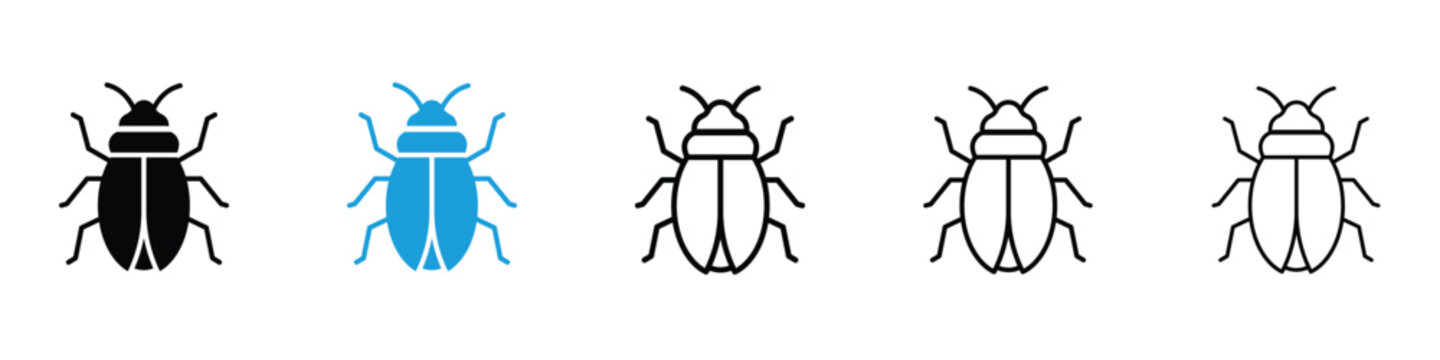 Bugs icons vector illustrations in black and blue colors for web and ui designs