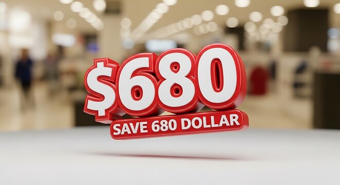 Red sale tag with 680 dollar savings offer.