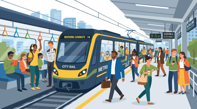 Modern metro train arriving at a crowded city station platform