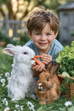A six year old boy with short messy brown hair, bright blue eyes, fair rosy skin, and a joyful smile kneels on lush green grass holding a fresh orange carrot outstretched toward tw
