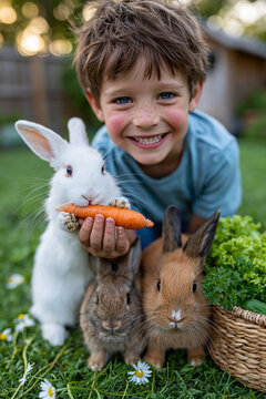 A six year old boy with short messy brown hair, bright blue eyes, fair rosy skin, and a joyful smile kneels on lush green grass holding a fresh orange carrot outstretched toward tw