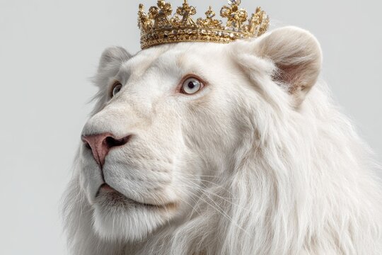 A white lion wearing a crown in front view combines royal portrait with premium detail and luxury symbolism, showing sharp gaze and clean composition.