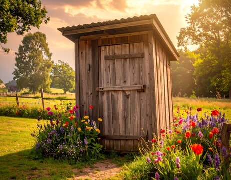 Rustic outhouse bathed in golden sunlight