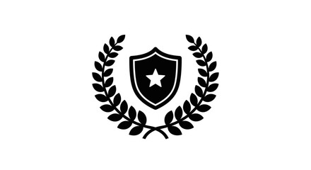 Fototapeta premium Black silhouette of a shield emblem with a star inside surrounded by a laurel wreath.