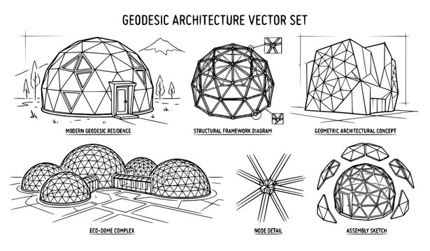 Geodesic Dome Architecture Line Art Vector Illustration with Geometric Exterior Structure