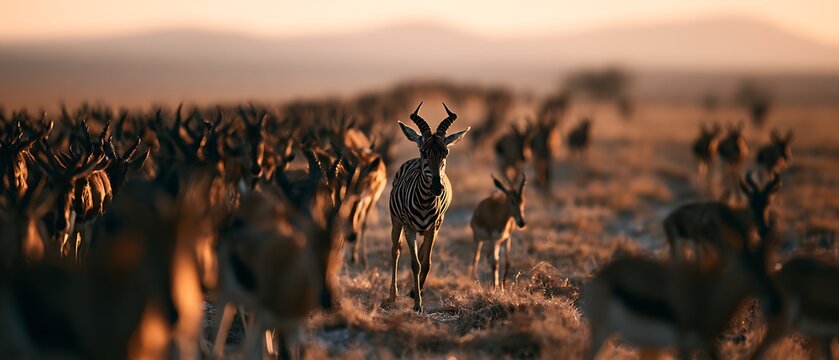 A zebra standing in a large herd of wild animals on the savanna at sunrise