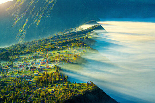 Cemoro lawang village at sunrise near mount Bromo in Bromo tengger semeru national park, East Java, Indonesia.