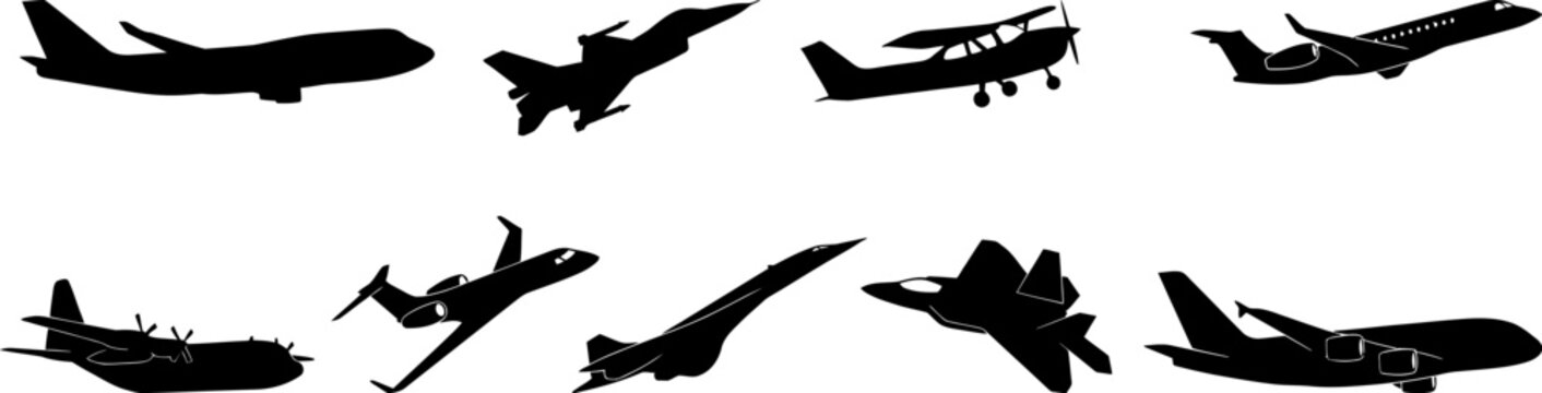 Aviation silhouette set featuring commercial airliners and military fighter jets plus private propeller planes and cargo aircraft collection on grid.