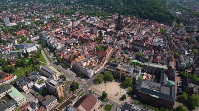 Aerial view beside the old town of the city Freiburg im Breisgau, in Germany on a sunny spring noon