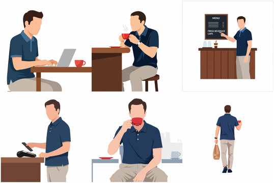 Collection of flat vector illustrations featuring a young man at a coffee shop working on his laptop, ordering from a menu, drinking coffee, and paying with his smartphone.