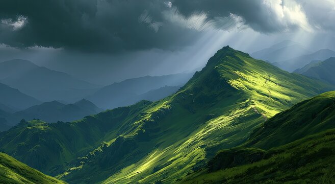 Dramatic sunbeams pierce dark clouds over a verdant, rolling mountain range