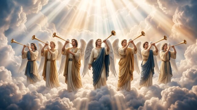 Seven angels sounding golden trumpets in heavenly light