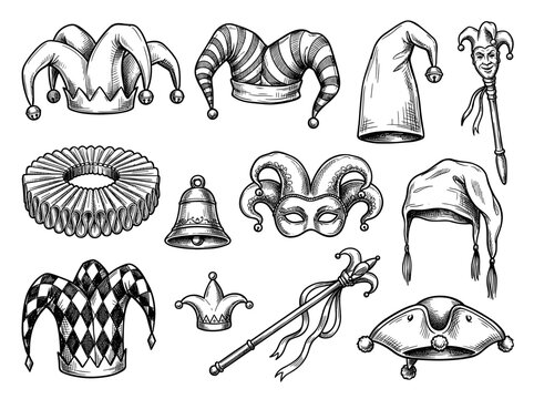 Hand drawn jester hat and carnival fool accessory sketch collection isolated on white background