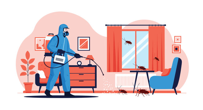 Professional pest control service worker in blue hazmat suit spraying insecticide to eliminate cockroaches in a room.