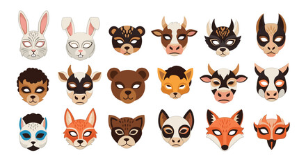 Obraz premium Set of various animal face masks for children including rabbit bear cow cat fox and owl in a colorful grid design.