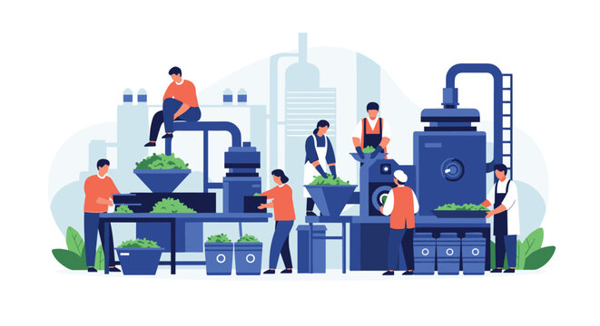 Industrial factory scene with workers processing green tea leaves or herbs on large machinery and conveyor belts.