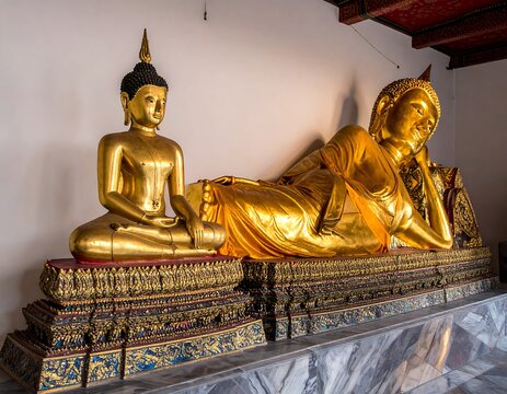 Two golden Buddha statues in a serene setting