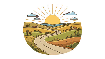 Winding road through rolling hills and farmland under a bright sun © Windul