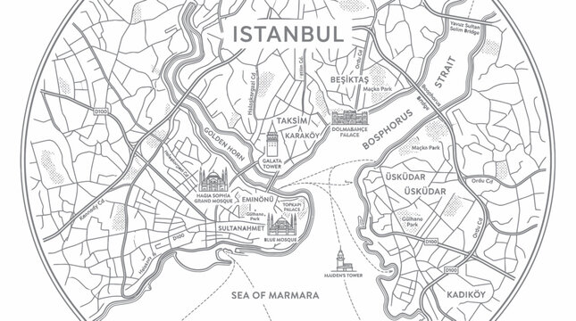 Circular minimalist map of istanbul featuring historic landmarks