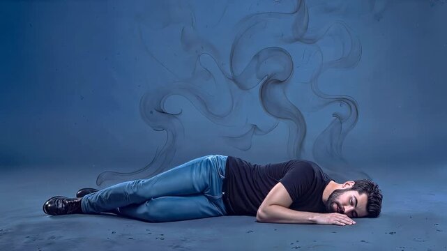 Man lying on ground with dark smoke rising from his body. Surreal conceptual video with lockdown shot.