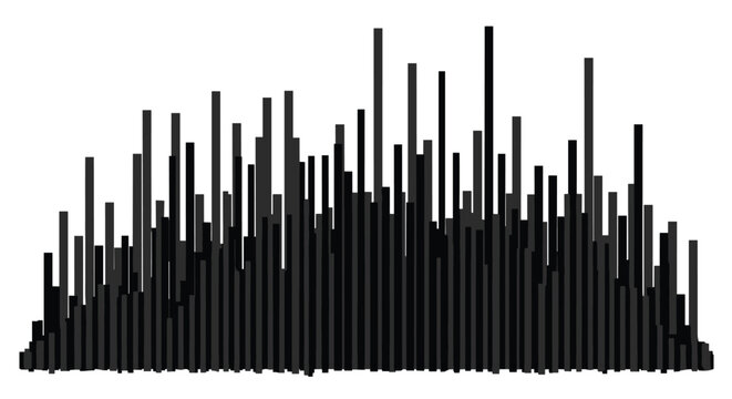 Abstract black and white bar graph visualization represents complex data distribution or digital sound frequency levels on white.