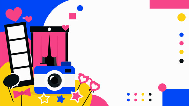 Photobooth Fun: A vibrant collection of photobooth props, including a camera, photo strips, and playful accessories, arranged on a colorful background, inviting fun and creativity.
