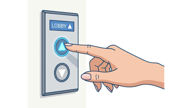 Hand pressing up button on a modern elevator control panel