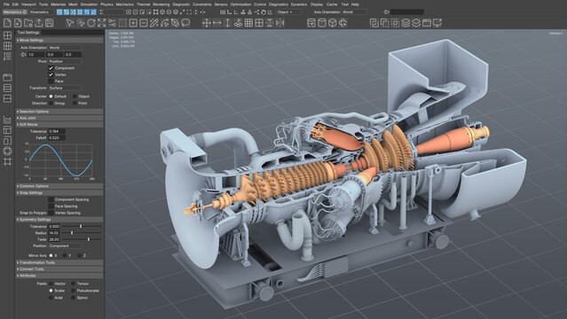 3D modeling software user interface with gas turbine CAD model. Engineering simulation program viewport with dark UI dashboard, charts, sliders, and scientific text attributes. 3d render