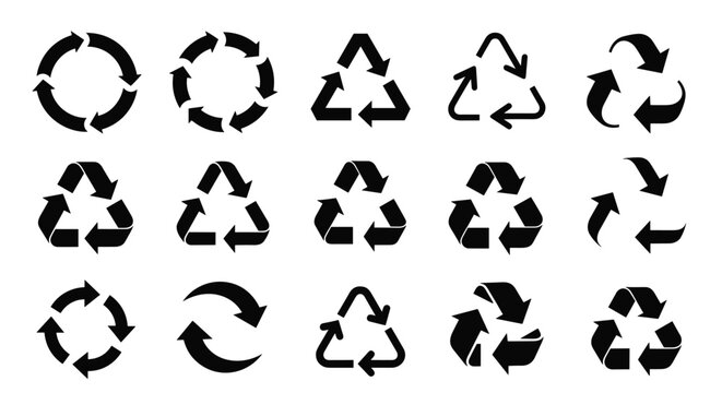 Collection of fifteen black recycling symbols in various shapes like circles and triangles represents environmental sustainability and waste.
