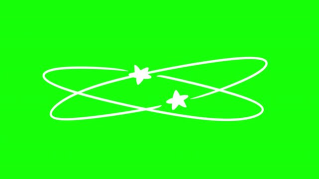 2D animation of two cartoon stars spinning on intersecting orbital rings. Motion graphic concept of vertigo, deep confusion, extreme dizziness or head spinning 