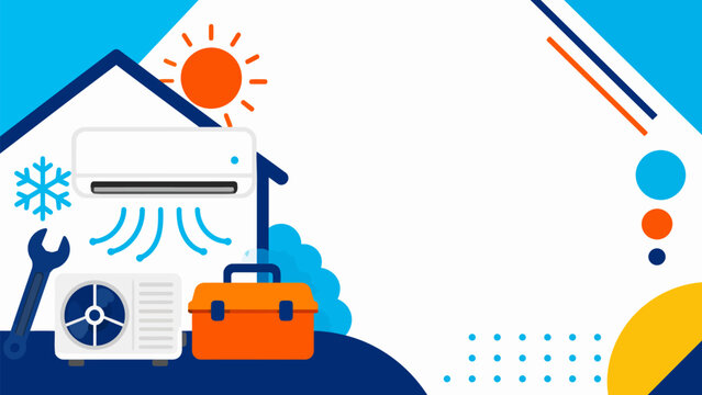 Air Conditioning Service: This illustration depicts a home with an air conditioning unit, symbolizing cool air and the sun representing heat. It includes tools like a wrench and a toolbox.