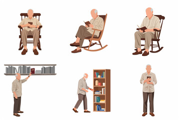 Set of elderly man reading books and relaxing in a rocking chair, flat vector illustration of senior male character enjoying literature and browsing library bookshelves © nada