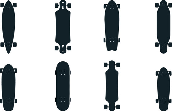Skateboard silhouette vector illustration set featuring black shapes of longboards cruisers drop down decks and street skateboards isolated on white