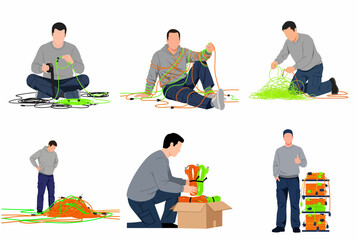 Fototapeta premium Set of Illustrations Showing a Man Managing and Organizing Messy Tangled Cables into Neat Coils and Storage for Efficiency