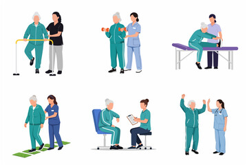 Fototapeta premium Flat vector illustration of an elderly woman performing rehabilitation exercises and physical therapy assisted by a nurse or physiotherapist in a clinic or nursing home.