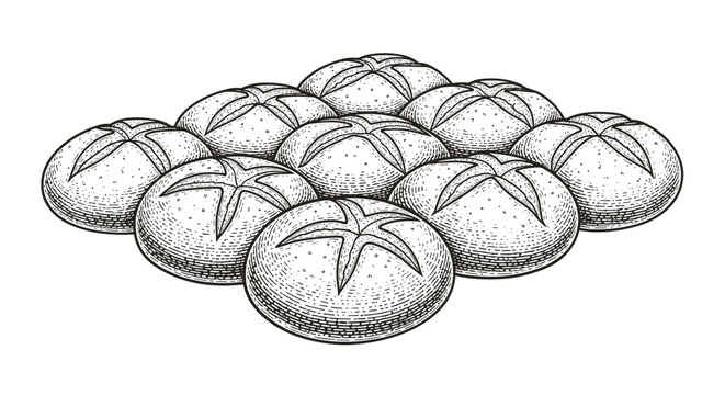 Group of Freshly Baked Round Bread Rolls Arranged in a Pattern