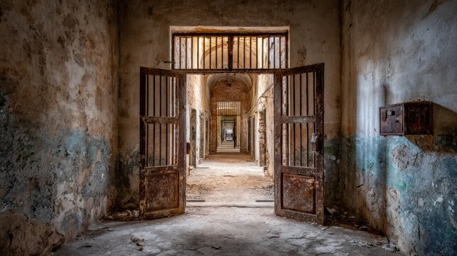 Old prison interior with door and corridor showing grunge and decay