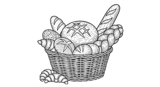 Wicker basket filled with assorted baked goods and croissants on white background