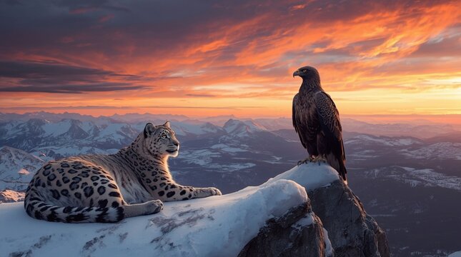 A snow leopard resting on an isolated snow-covered plateau  ai