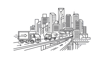 Obraz premium Freight transport trucks driving on urban highway towards city