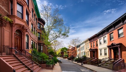Fototapeta premium row of beautiful old brownstone homes and residential buildings in brooklyn heights of new york city along the sidewalk
