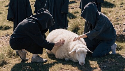 Naklejka premium Peaceful group of anonymous pilgrims gently petting a pristine white sheep in a serene rural setting, symbolizing faith, devotion, and the spiritual connection between humans and nature.