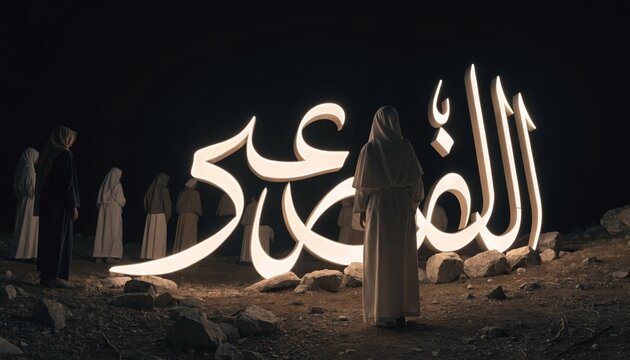 Anonymous pilgrims in traditional attire admiring glowing Eid Al Adha calligraphy on a dark background, celebrating the spiritual essence and artistic heritage of the Islamic religious festival.